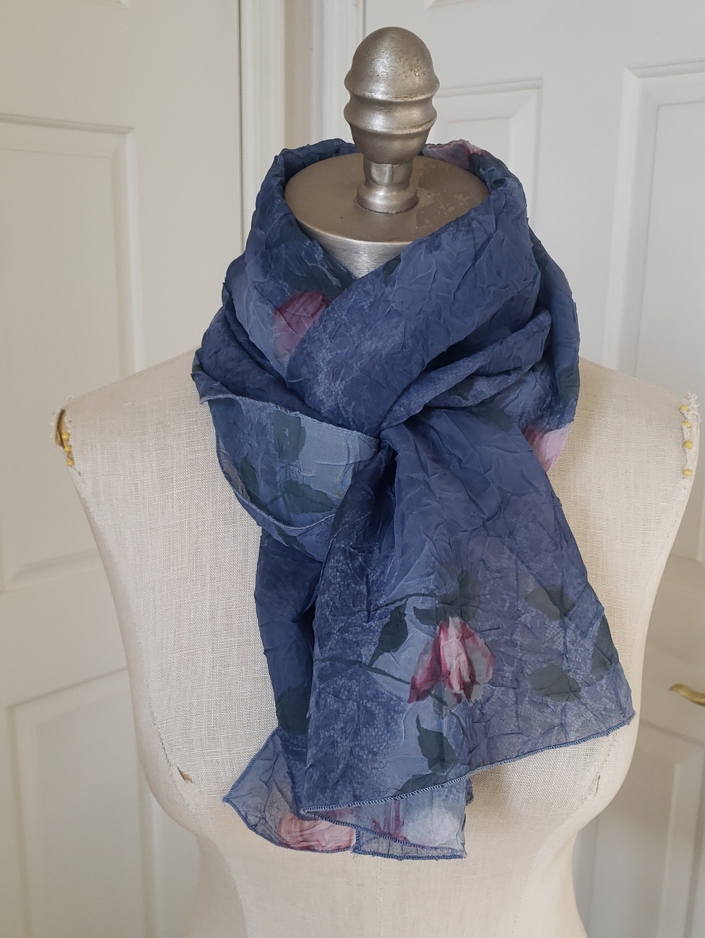 Blue Watercolor Floral Crinkle Chiffon Scarf Sheer Romantic Wrap 58x13 - Picture 3 of 10